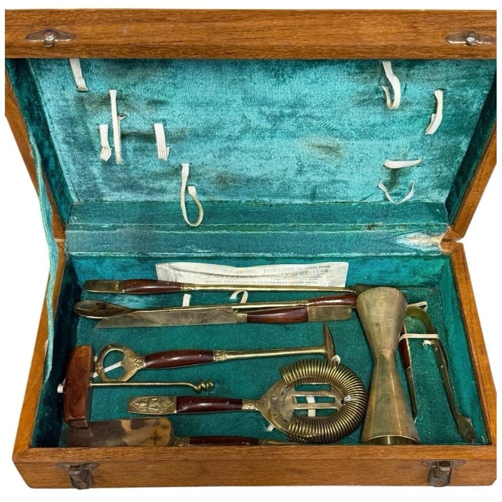 9 PC Vintage 1950s Siam Buddha Thailand Brass Teak Barware Tools Set Wood Case